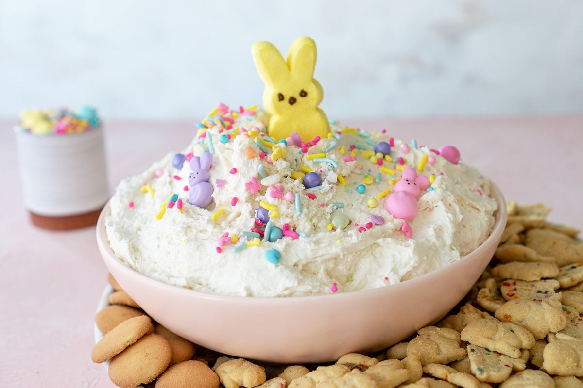 bowl of cake batter dip with peeps