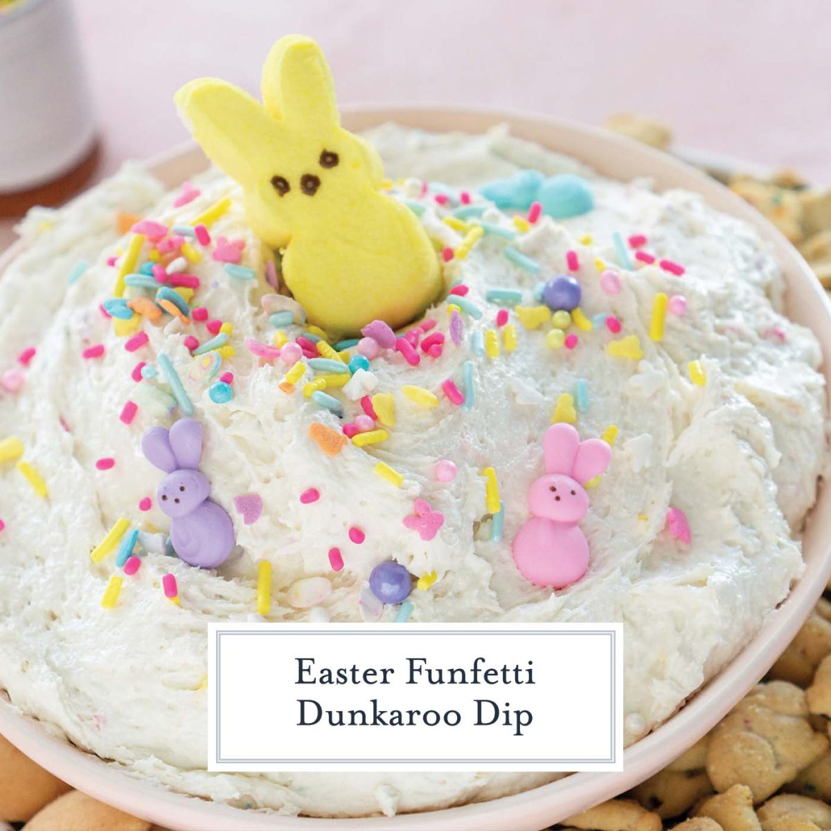 close up of funfetti dunkaroo dip with peeps