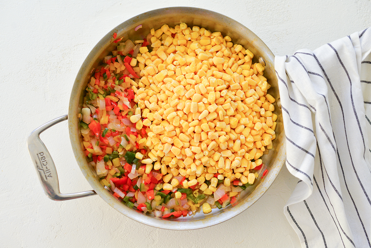 corn and veggies in a skillet 