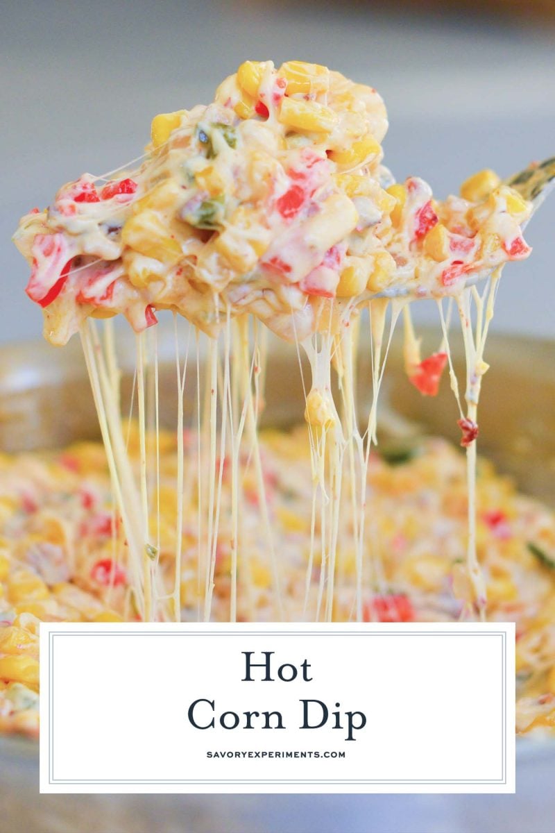 spoon with cheesy corn dip and strands of hot cheese 