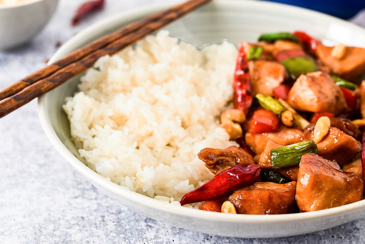 angle view of homemade kung pao chicken 