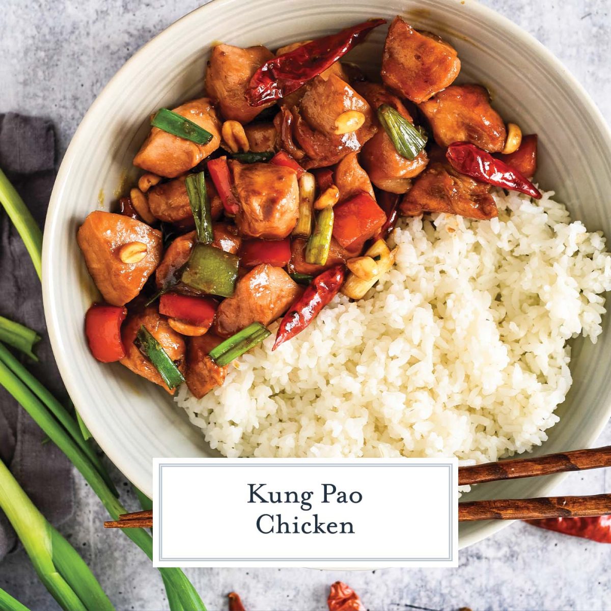 overhead close up of kung pao chicken with rice in a bowl