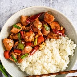 close up of kung pao chicken and white rice