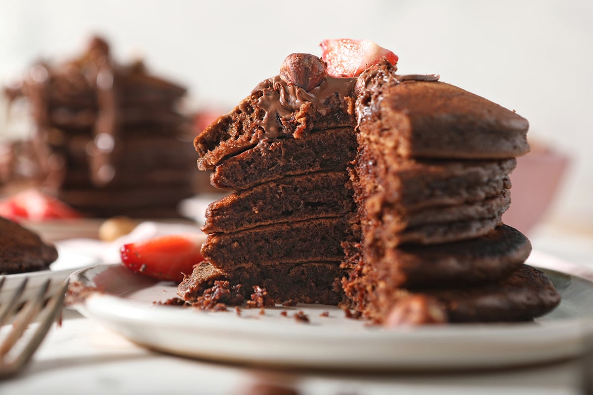cut open stack of nutella pancakes 