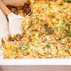 close up of shepherds pie casserole dish