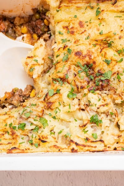 close up of shepherds pie casserole dish