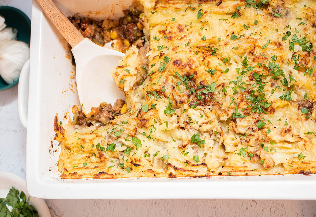 close up of shepherds pie casserole dish