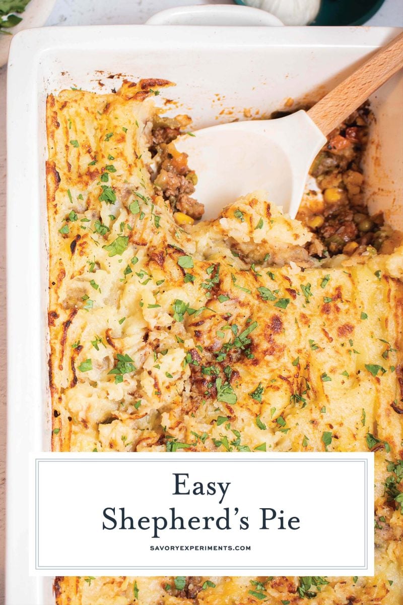 close up of shepherds pie in a casserole dish 