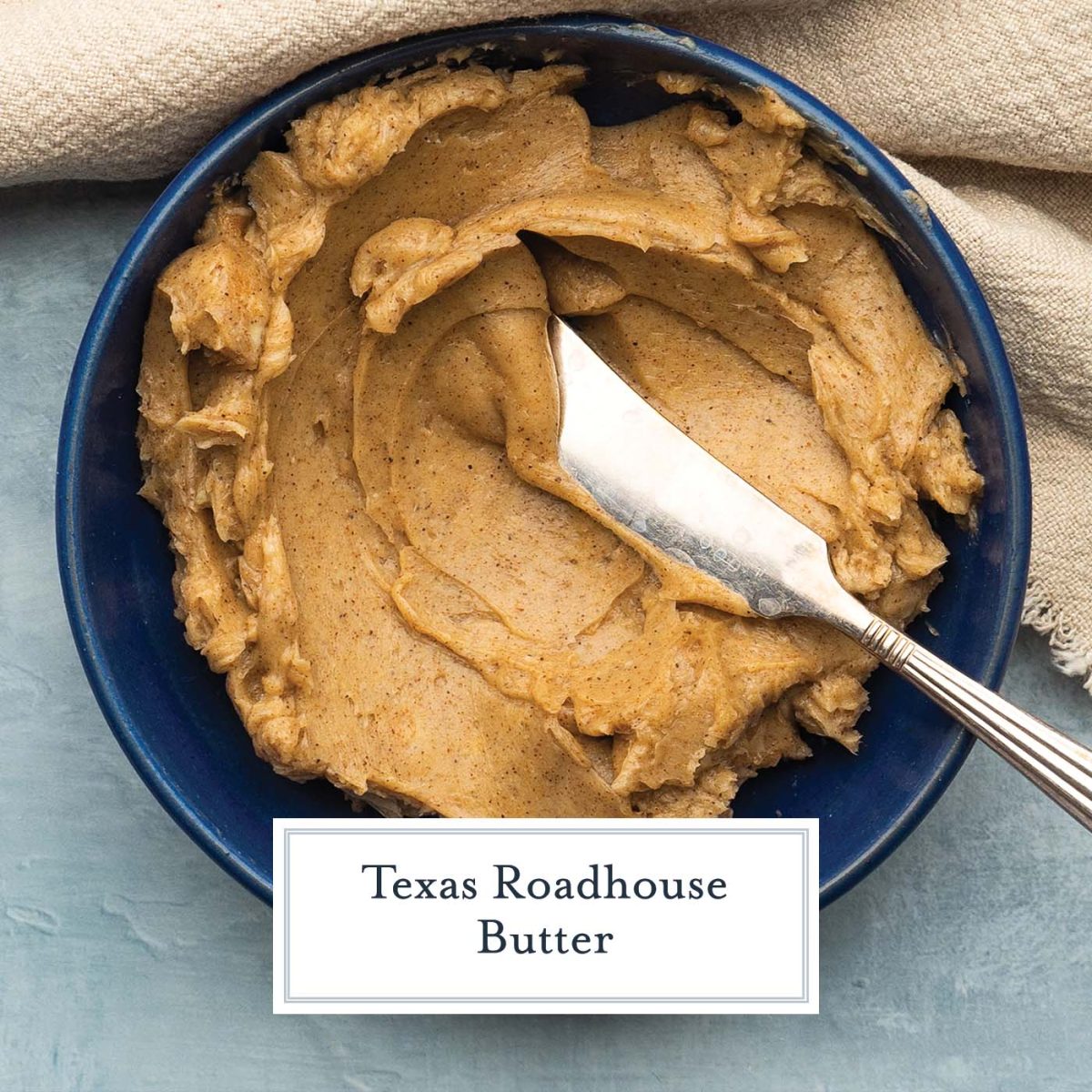 close up blue bowl of cinnamon honey butter