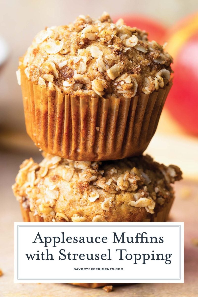 close up of stack of applesauce muffins for pinterest