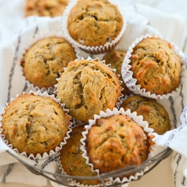 wire basket of banana nut muffins