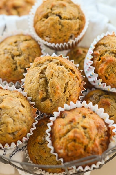 wire basket of banana nut muffins