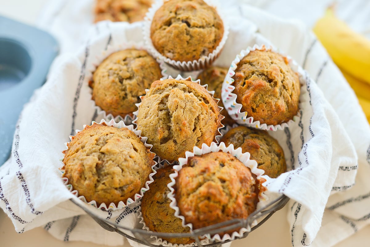 wire basket of banana nut muffins