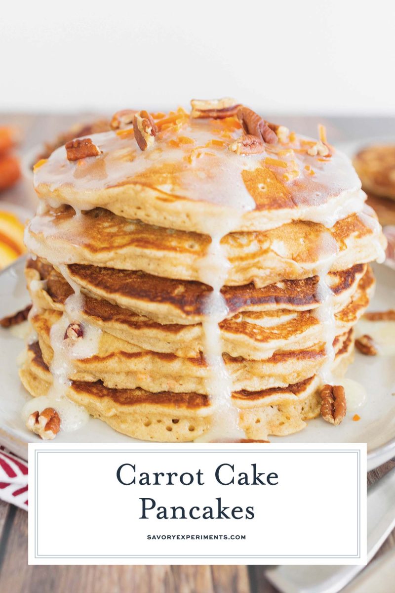 carrot cake pancake recipe with blond syrup and text overlay 