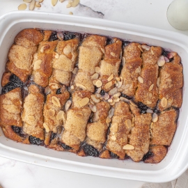 overhead of cherry dumpling casserole