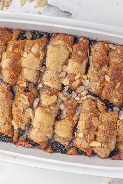 overhead of cherry dumpling casserole