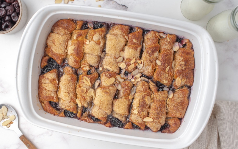 overhead of cherry dumpling casserole