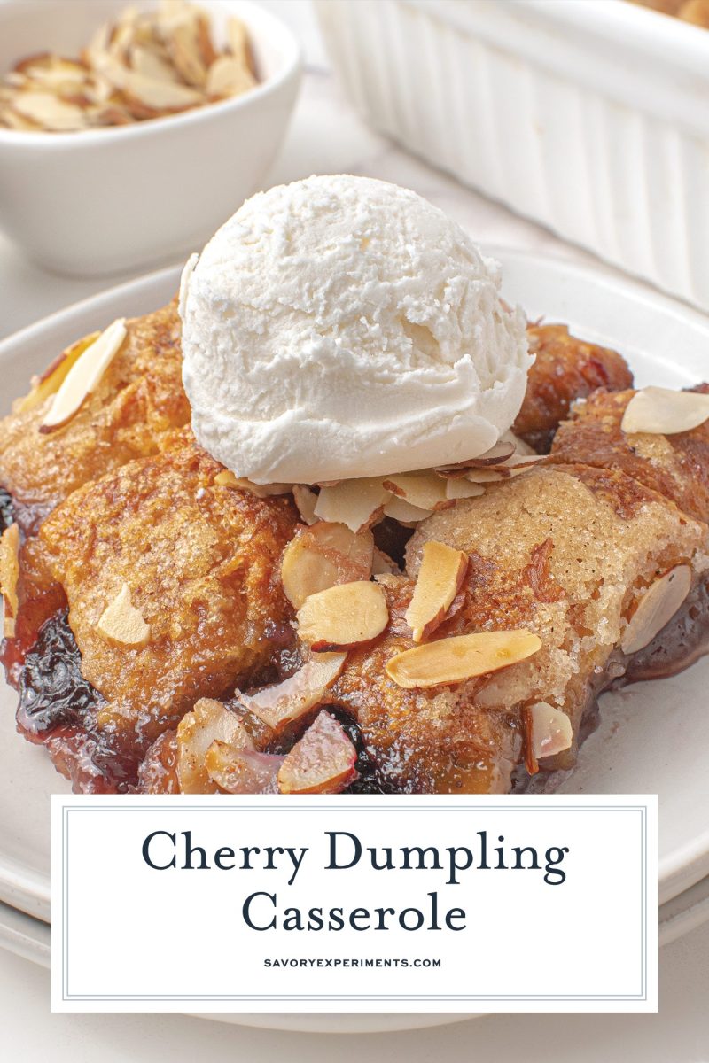 close up of cherry dumpling casserole on a plate