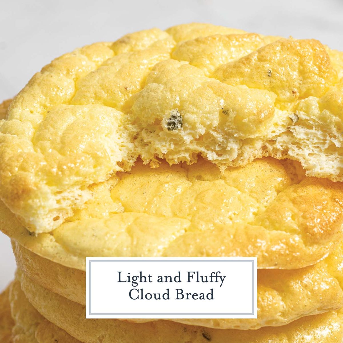 close up angled shot of stack of cloud bread with text overlay for facebook