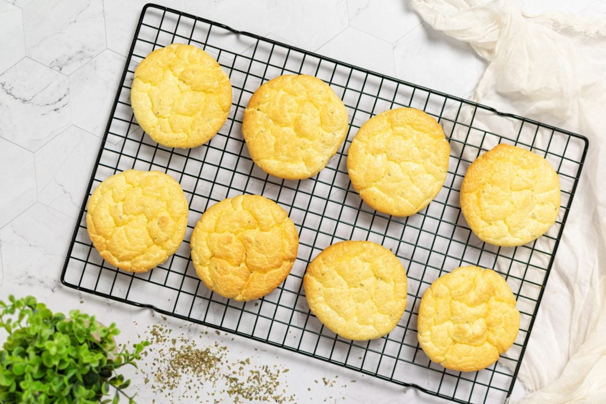 overhead shot of cloud bread on cooling rack