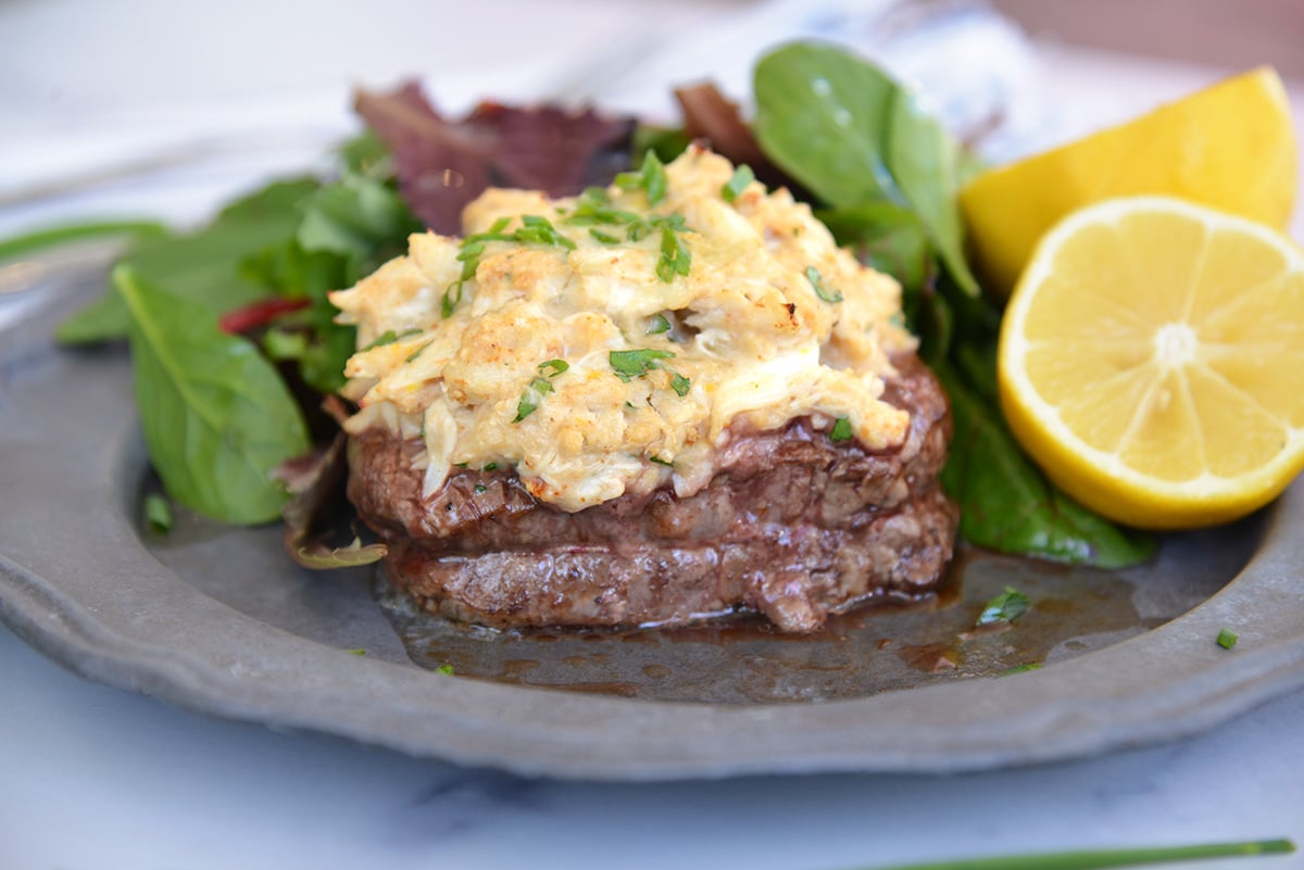 head on view of a filet mignon topped with crab imperial
