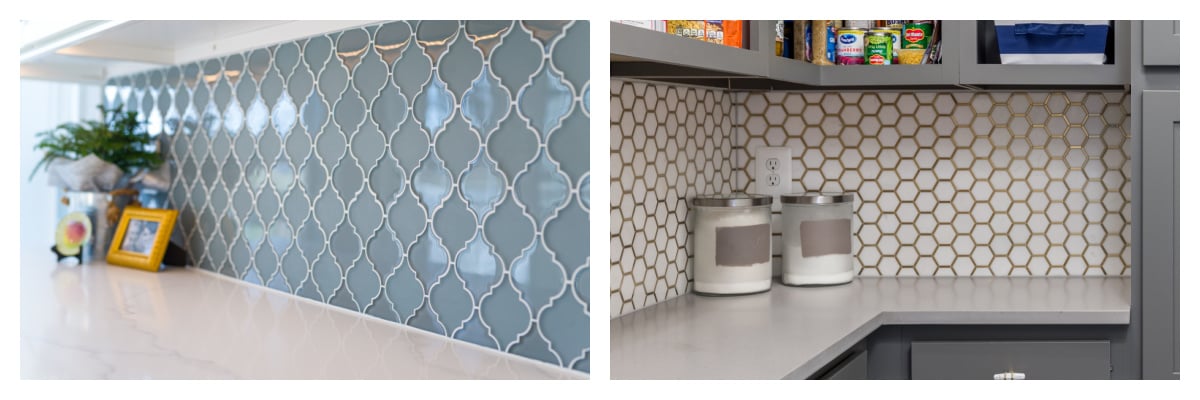 grey tile and white and gold tile backsplashes in kitchen 