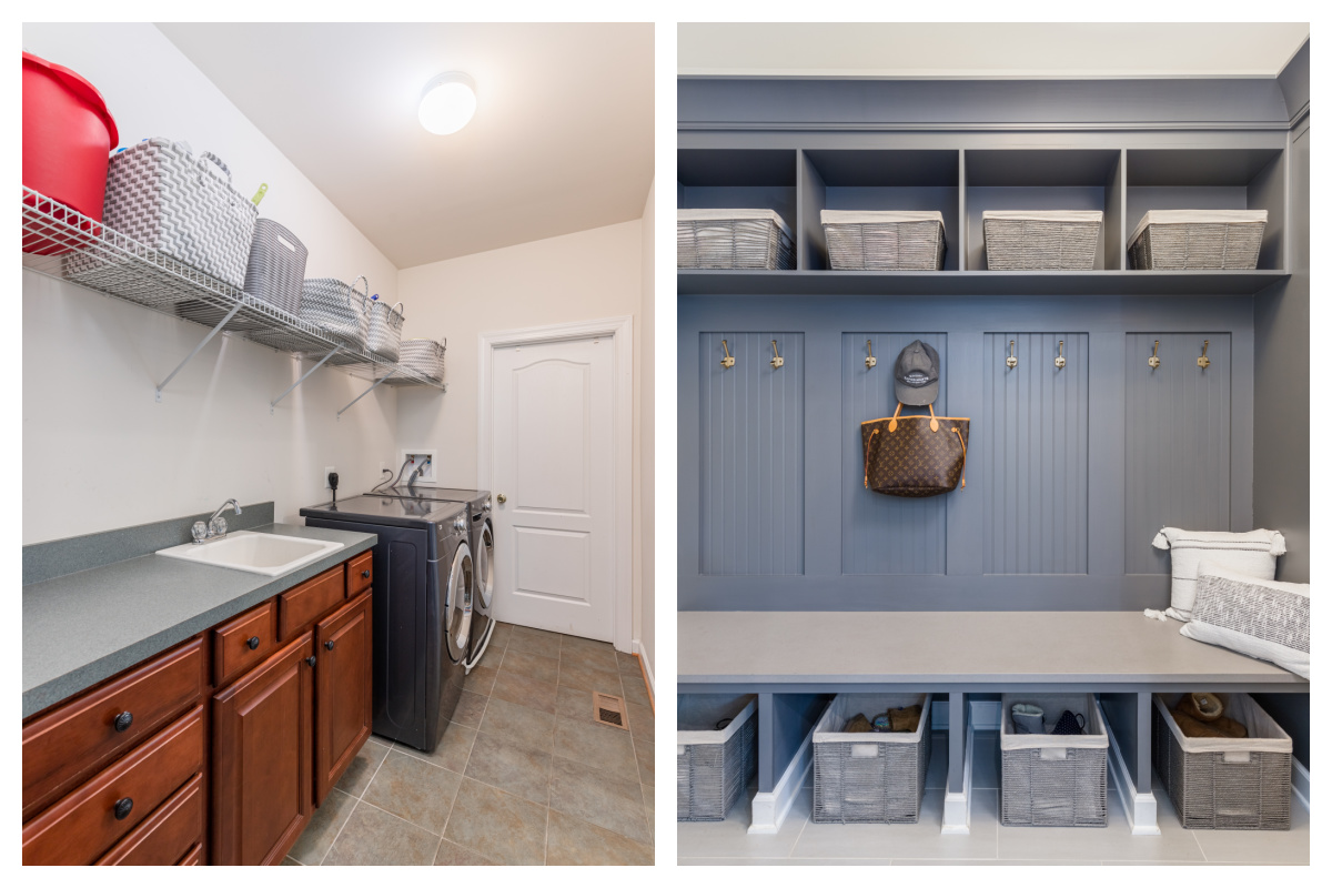 grey drop zone with baskets in mudroom 