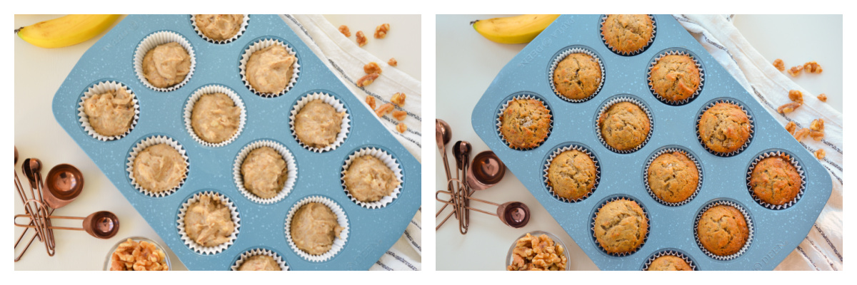 banana nut muffin batter in a muffin tin 