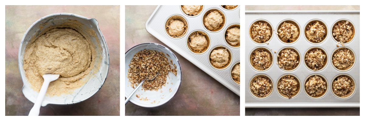 collage of steps of how to make applesauce muffins
