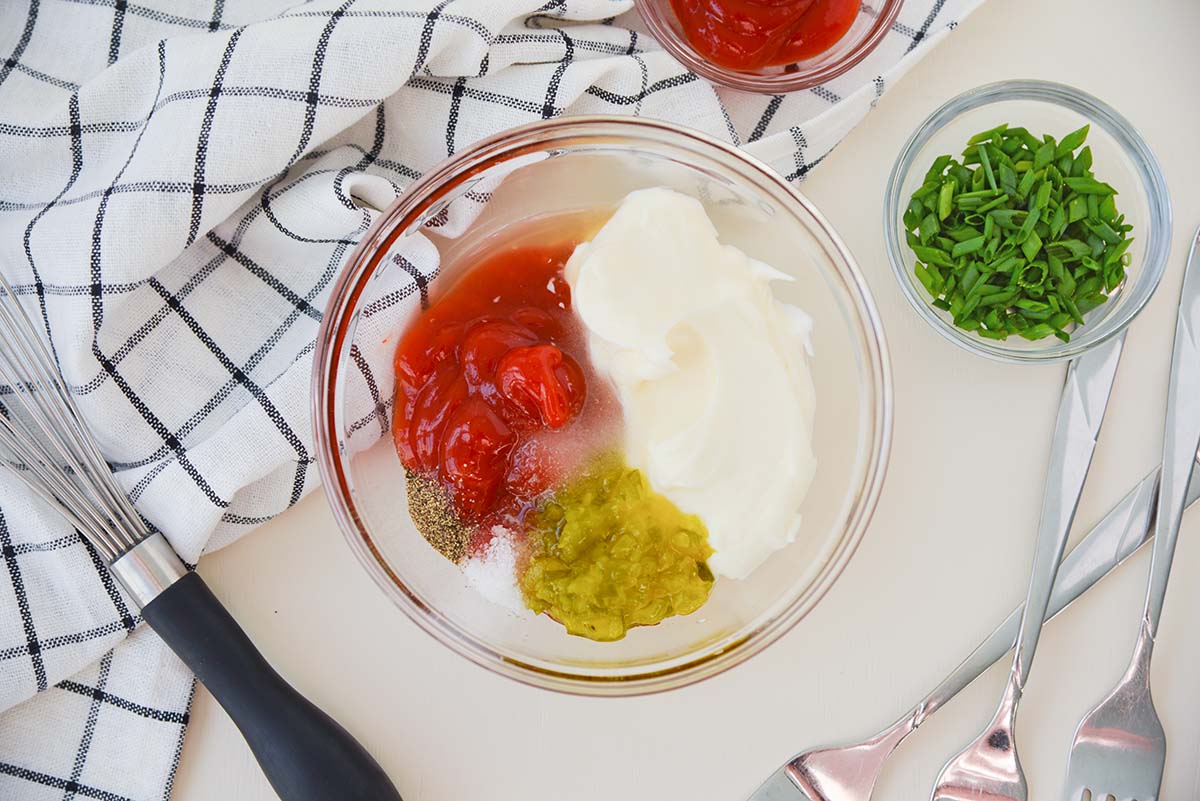 glass bowl of ingredients for fry sauce 