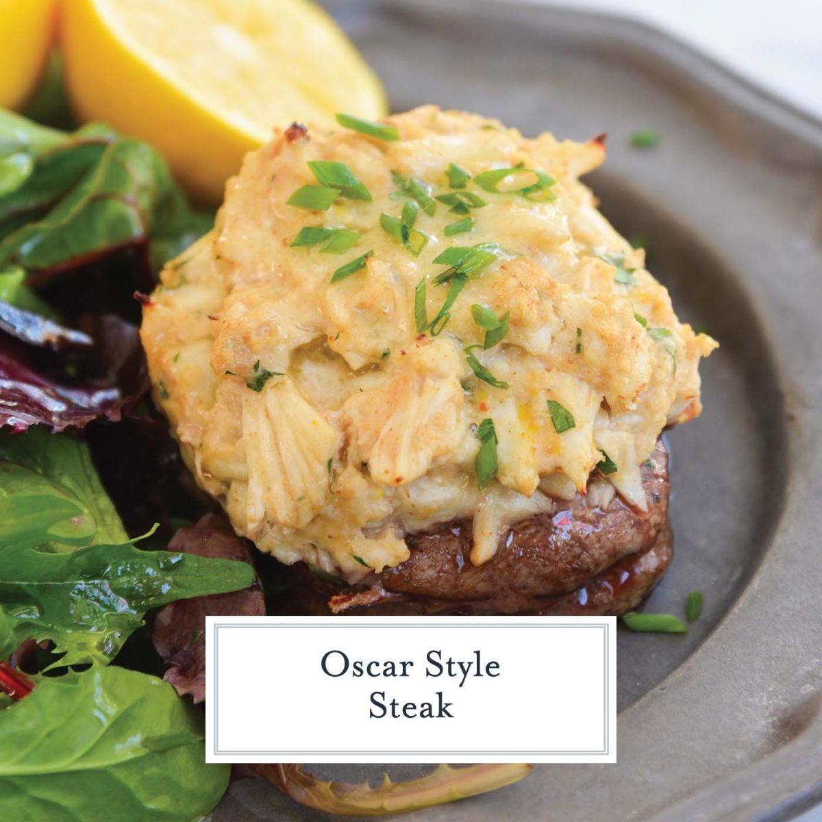 close up of oscar style steak with butter sauce and chives