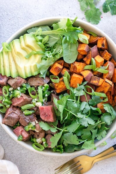 overhead of southwestern steak bowl with avocado