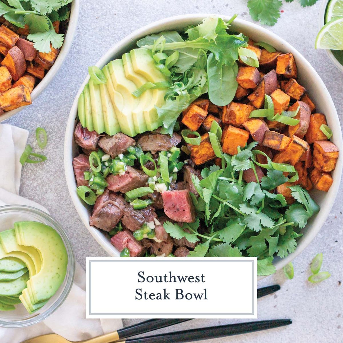 Overhead of beef bowl with avocado, sweet potato, scallions and garlic jalapeno dressing 