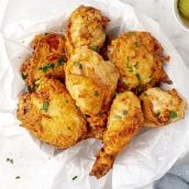 overhead shot of basket of buttermilk fried chicken