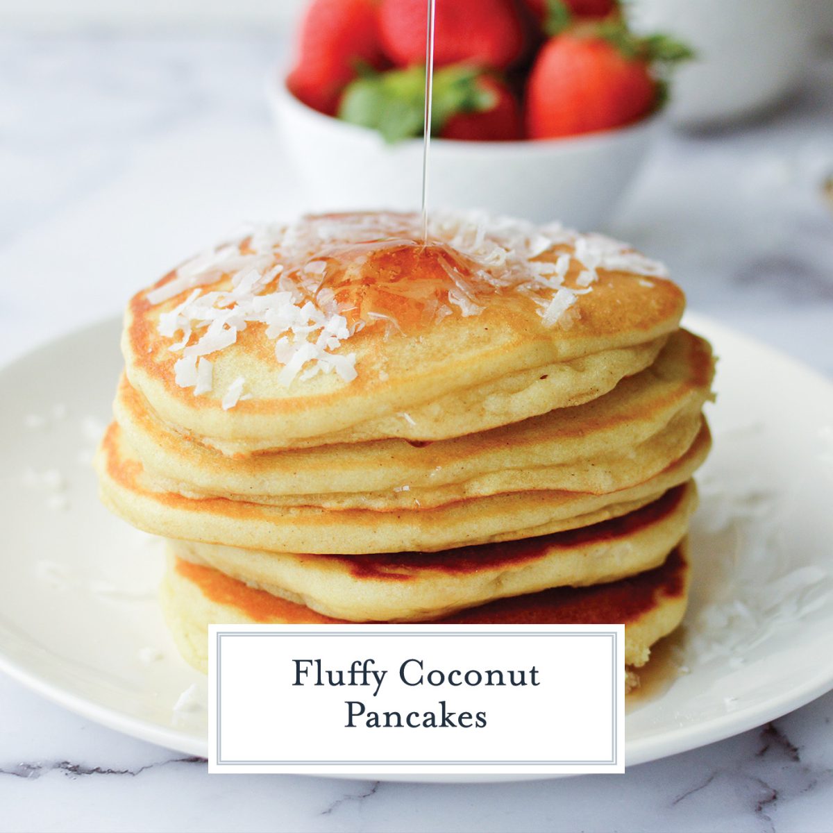 stack of coconut pancakes with text overlay for facebook