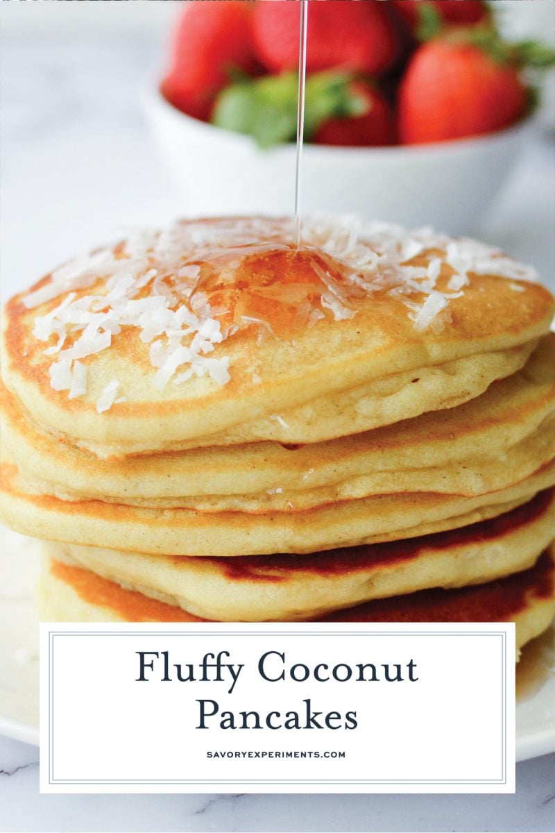 stack of coconut pancakes with syrup for pinterest