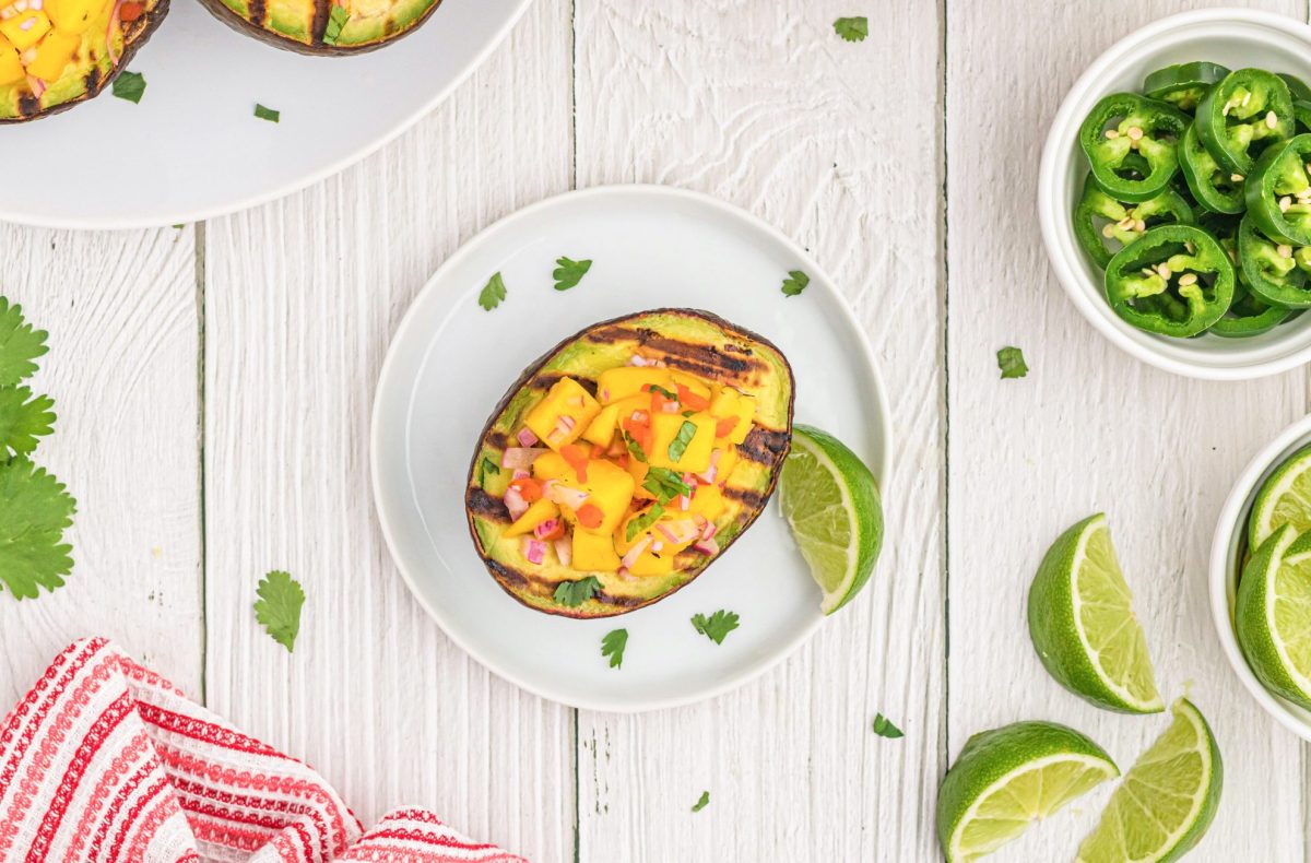 overhead of avocado grill marks with mango salsa 