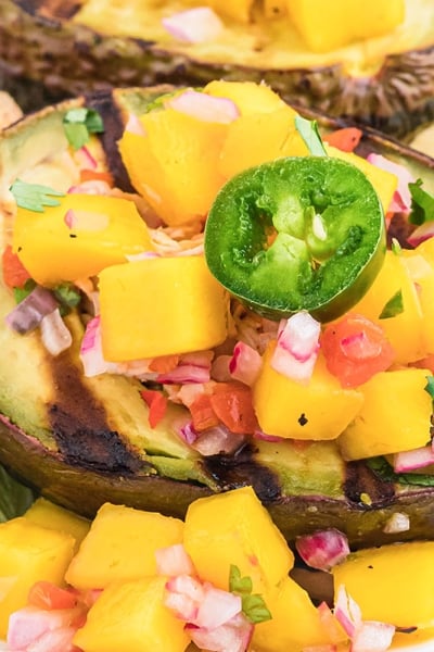 close up of grilled avocado stuffed with chicken