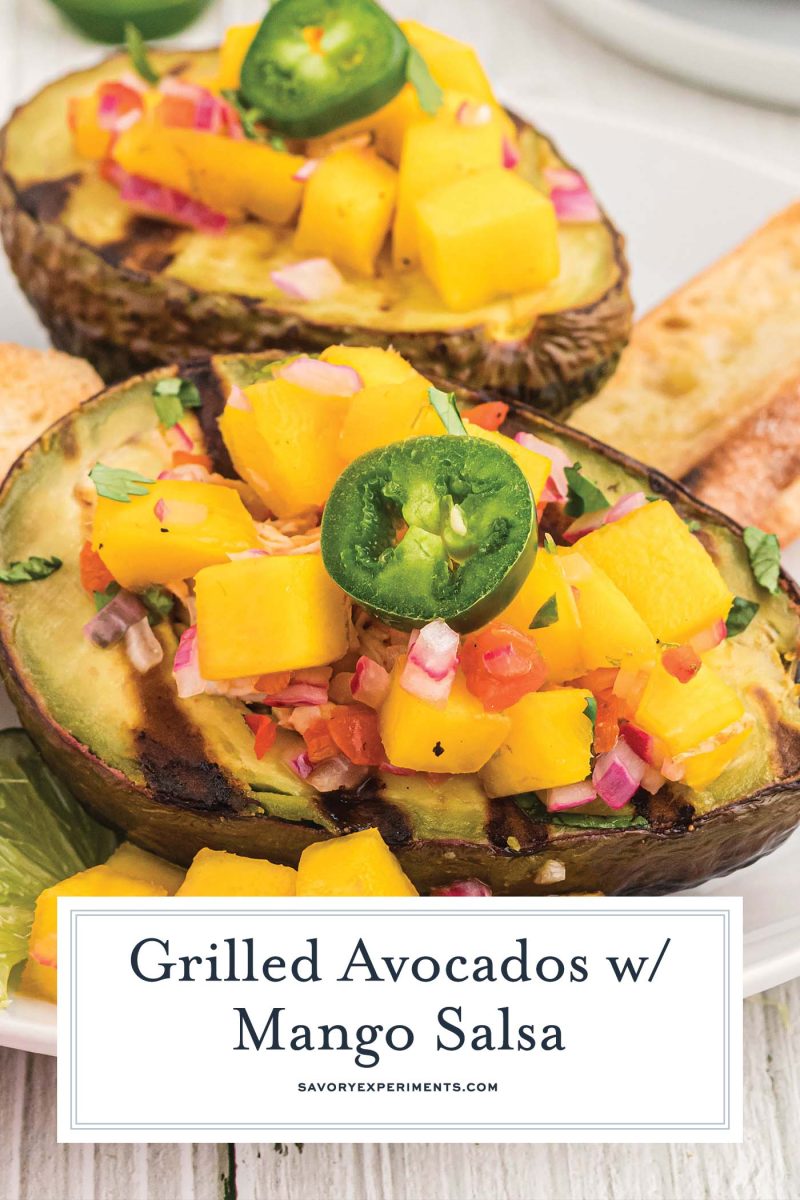 close up of grilled avocado with mangos and jalapeno 