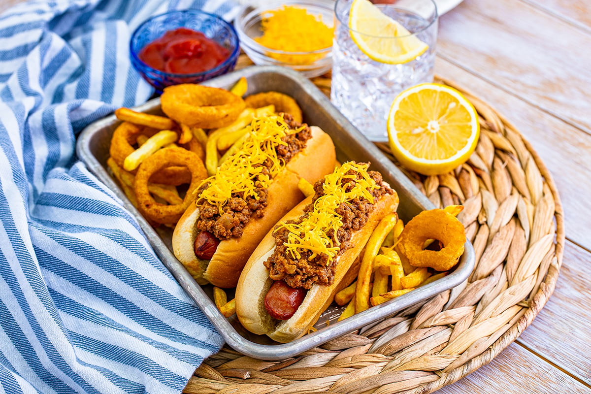 hot dogs on a serving platter
