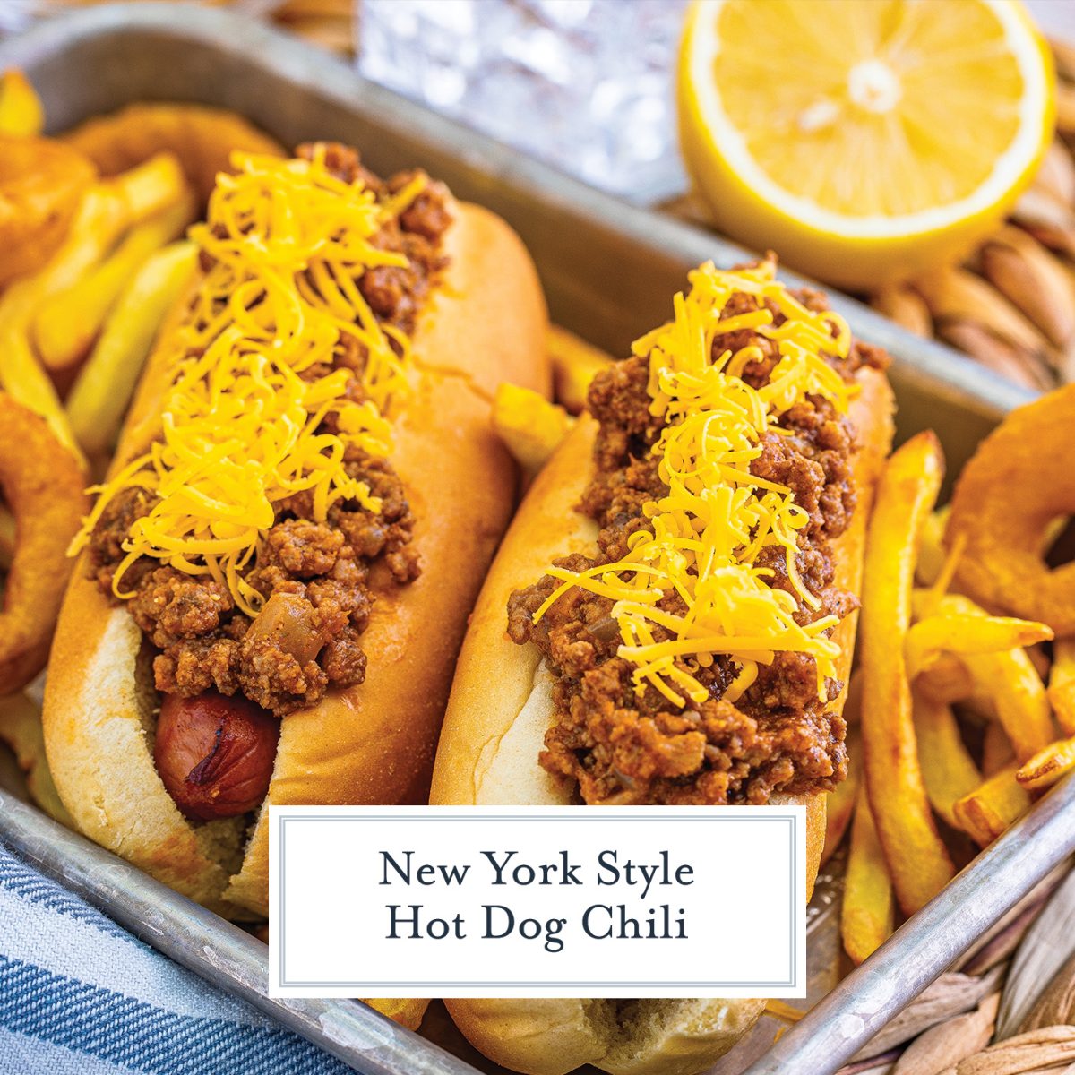 hot dog chili on hot dogs with text overlay for facebook