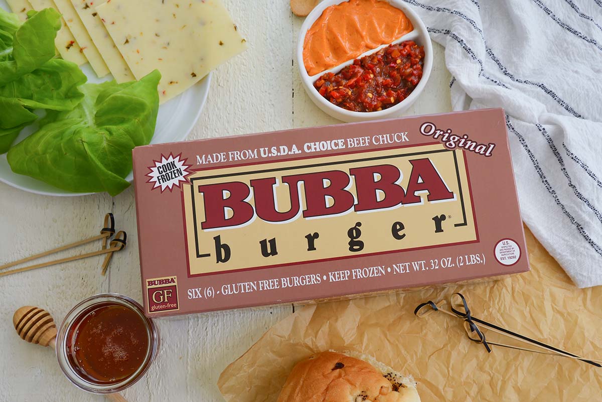 box of BUBBA burgers with fixings for hot honey burgers 