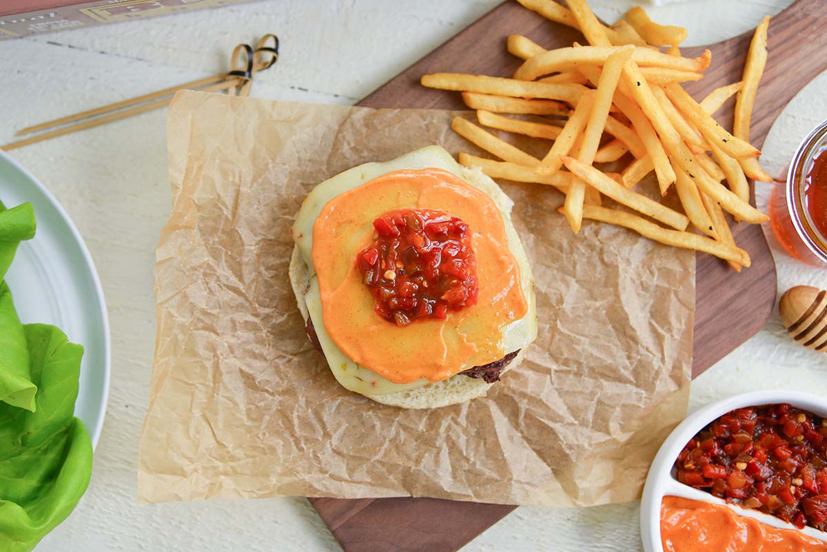 overhead of building a hot honey burger 