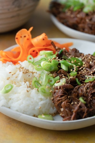 straight on shot of bowl of korean beef barbecue