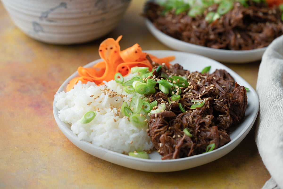 straight on shot of bowl of korean beef barbecue