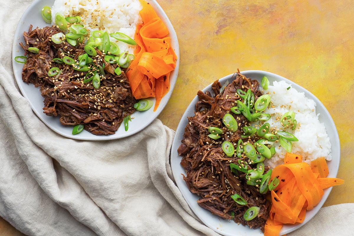 overhead shor of two bowl of korean beef barbecue