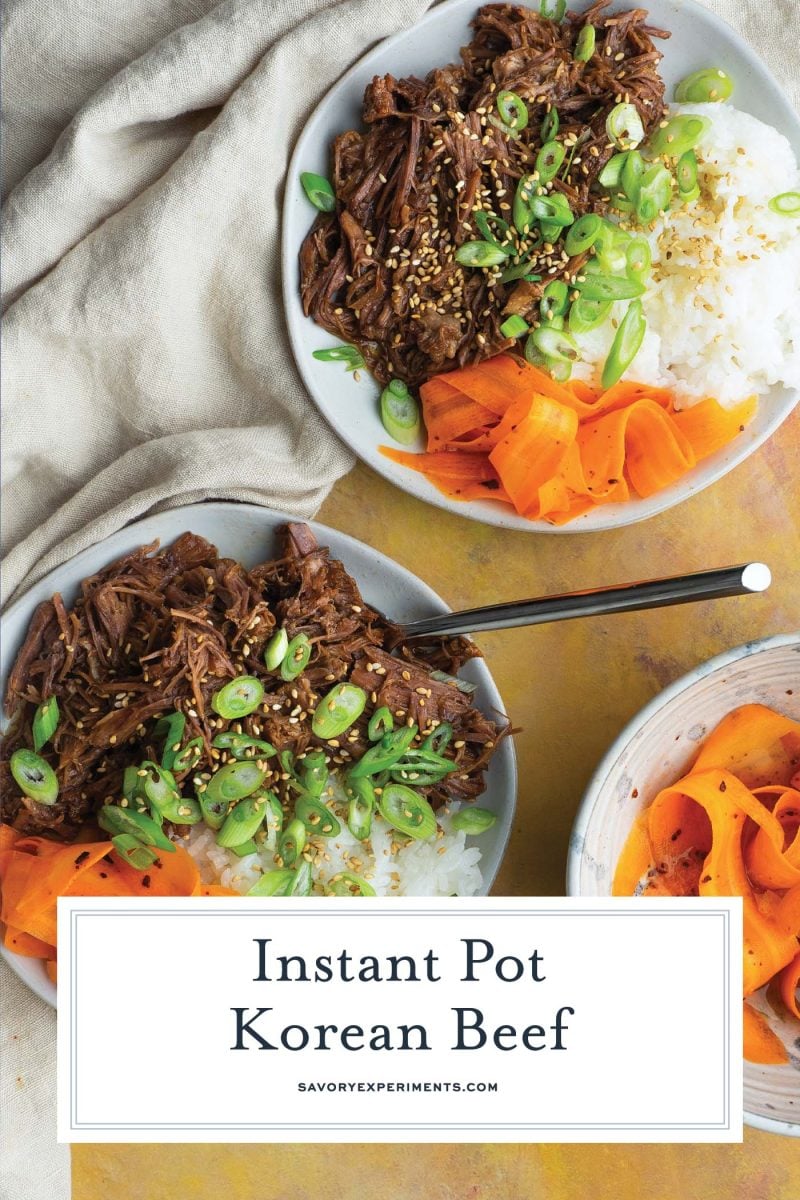 overhead shot of korean beef in two bowls for pinterest