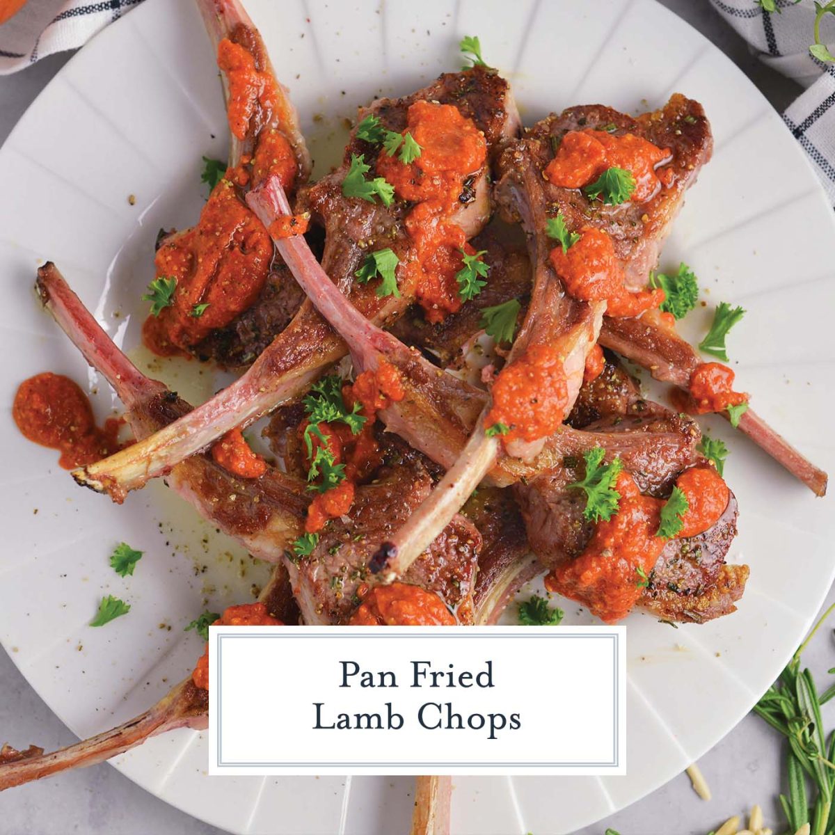 overhead tray of lamb chops with romesco sauce