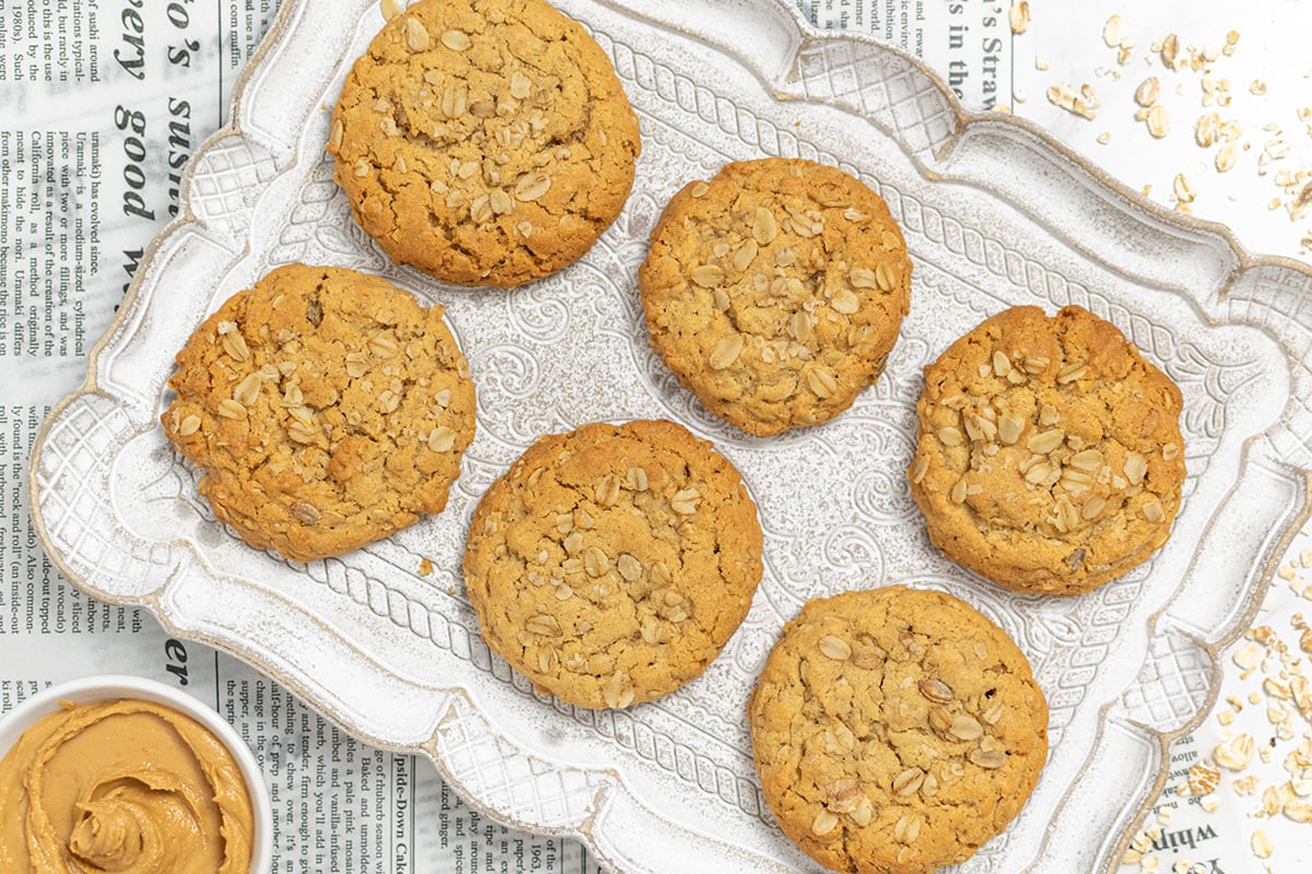 overhead shot of six peanut butter oatmeal cookies on a tray