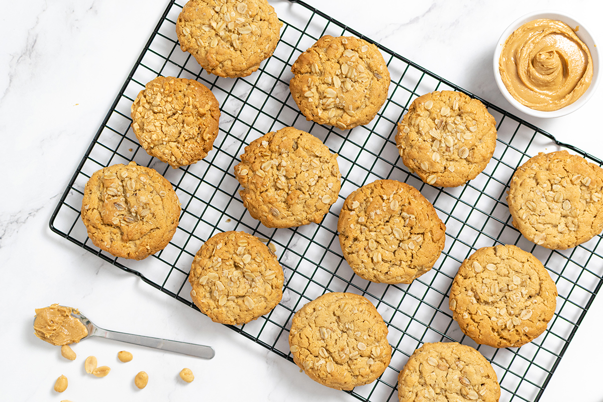 overhead shot of peanut butter oatmeal cookies on a cooling rack